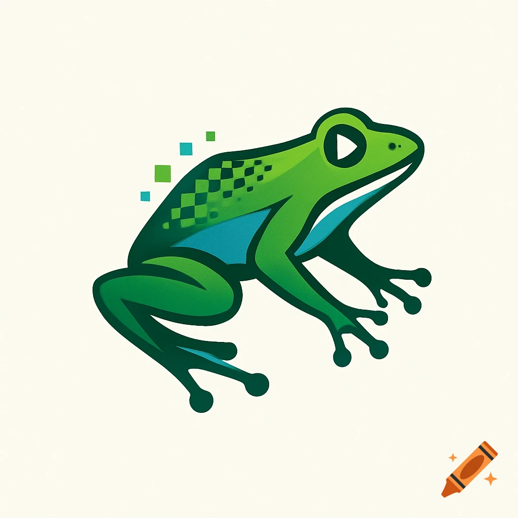 Stylized green frog logo with a play button eye, blue belly, and pixelated patterns on its back.