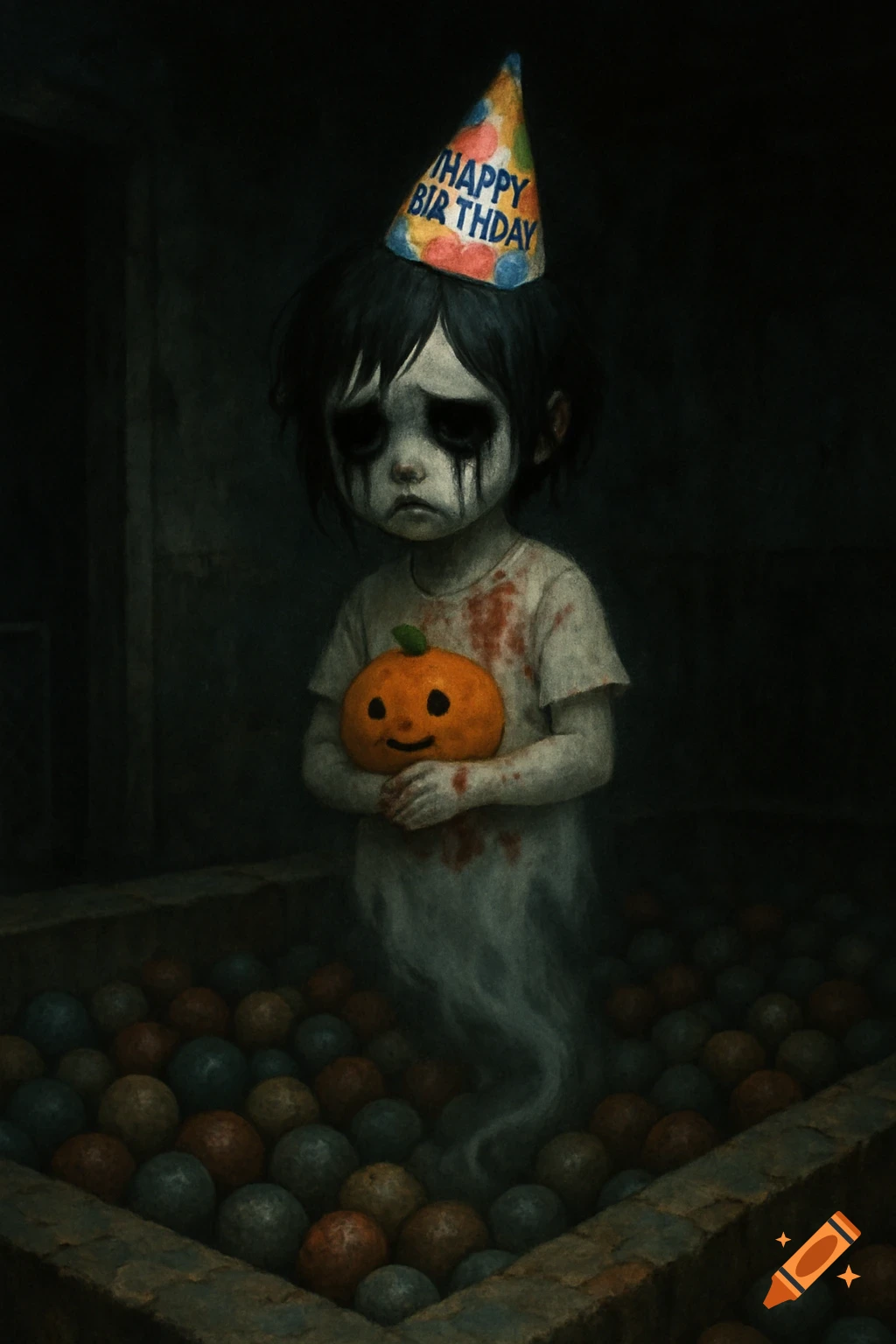 A gloomy ghost child with dark eyes and black tears wears a colorful party hat, holding a pumpkin plushie in a dark ball pit.