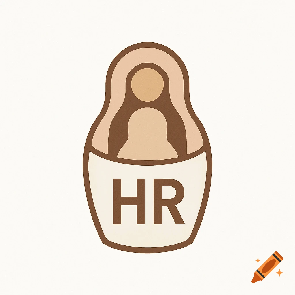 Modern flat design logo of a nesting doll with the letters HR on its front, protecting smaller inner dolls, on a white background.