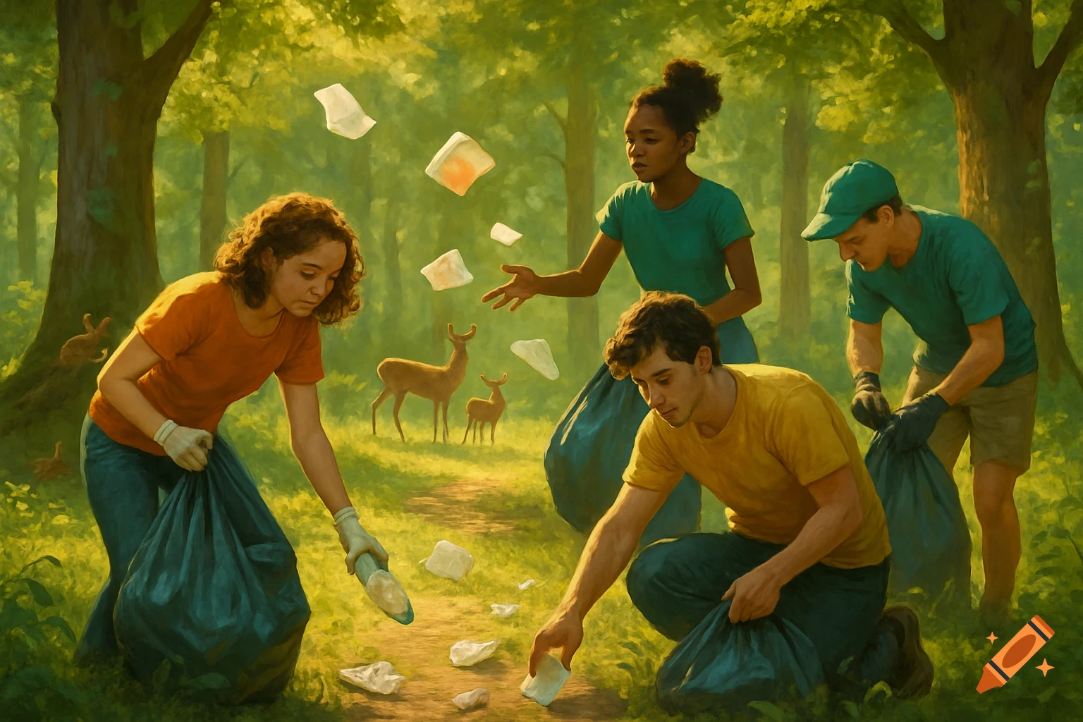 Volunteers clean trash in a vibrant, painterly forest with deer, collecting litter into bags.