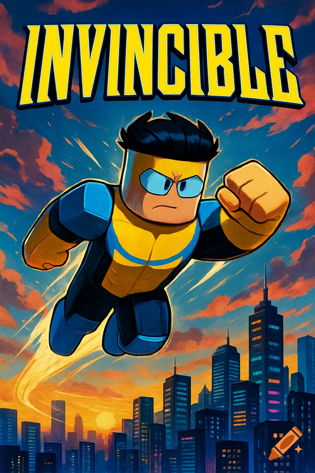 Roblox-style Invincible superhero flying over a city skyline at sunset, with 'INVINCIBLE' text at the top.