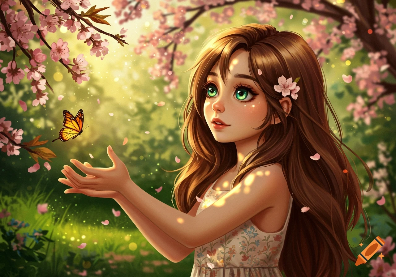 A dreamy digital art illustration of a brown-haired girl with green eyes, reaching out to a butterfly in a vibrant spring garden with cherry blossoms.