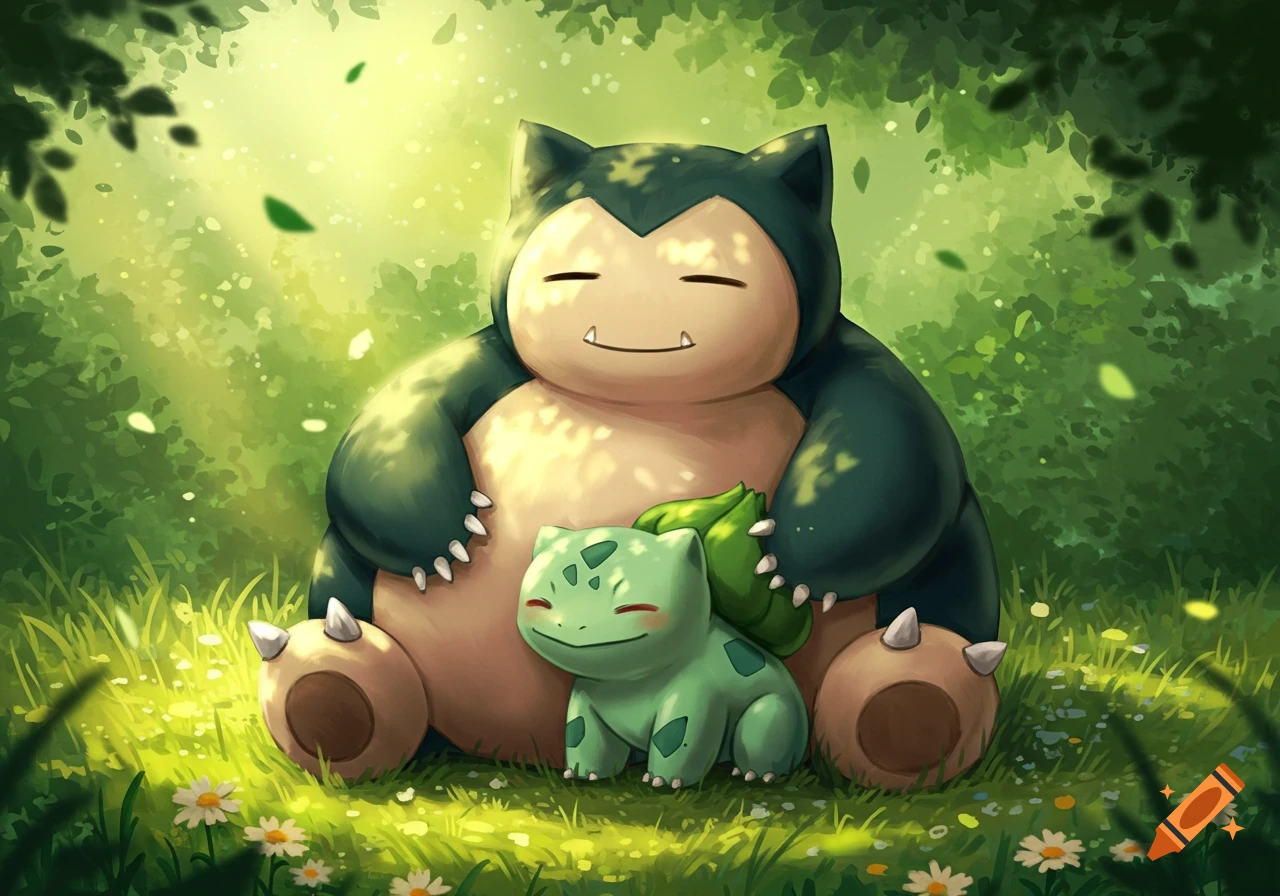 Snorlax resting with a smiling Bulbasaur in a sunny forest clearing, digital art style.