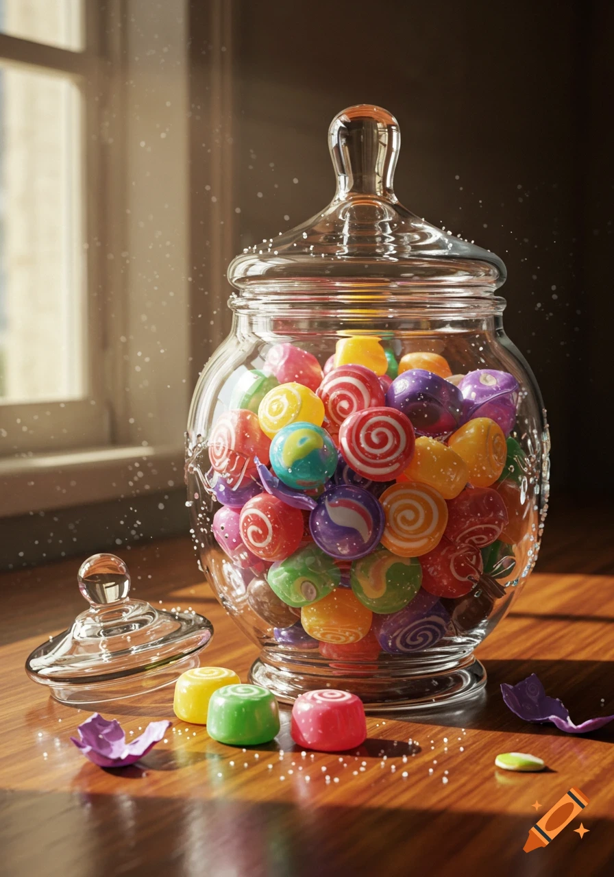 A photorealistic image of a glass jar overflowing with colorful candies on a wooden table, illuminated by sunlight from a window.
