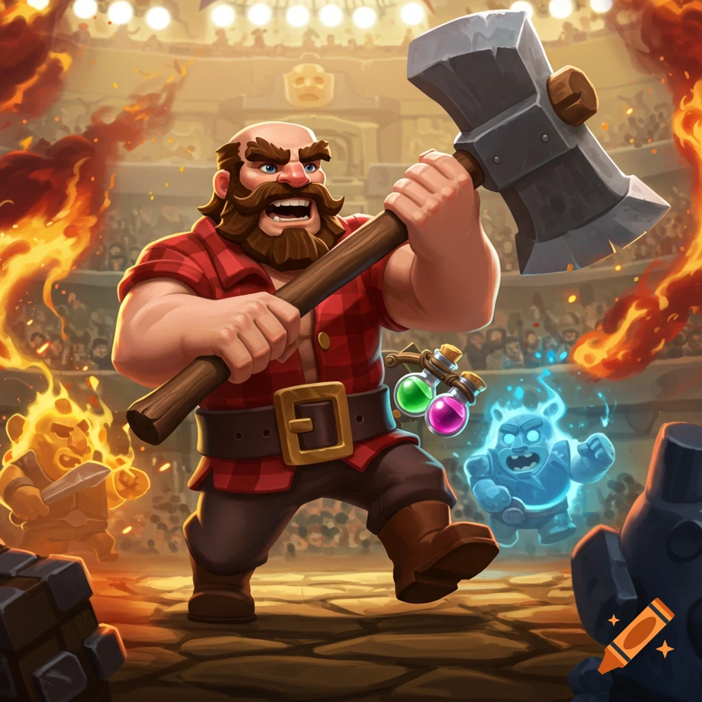 A cartoon lumberjack with a beard, plaid shirt, and hammer charges in a fiery arena with fantasy creatures.