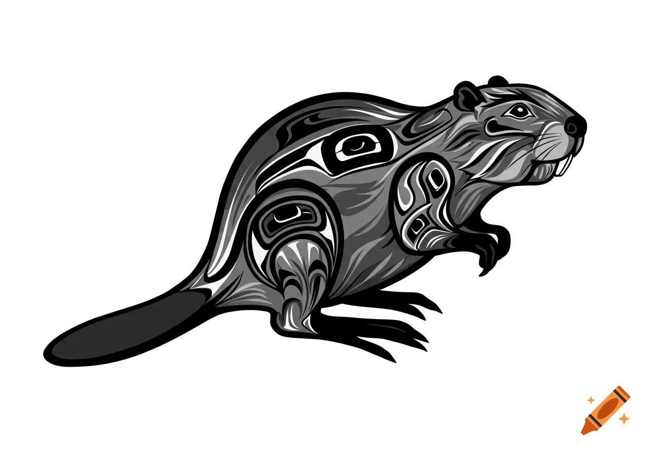 A black and white abstract beaver in Native American art style on a white background.