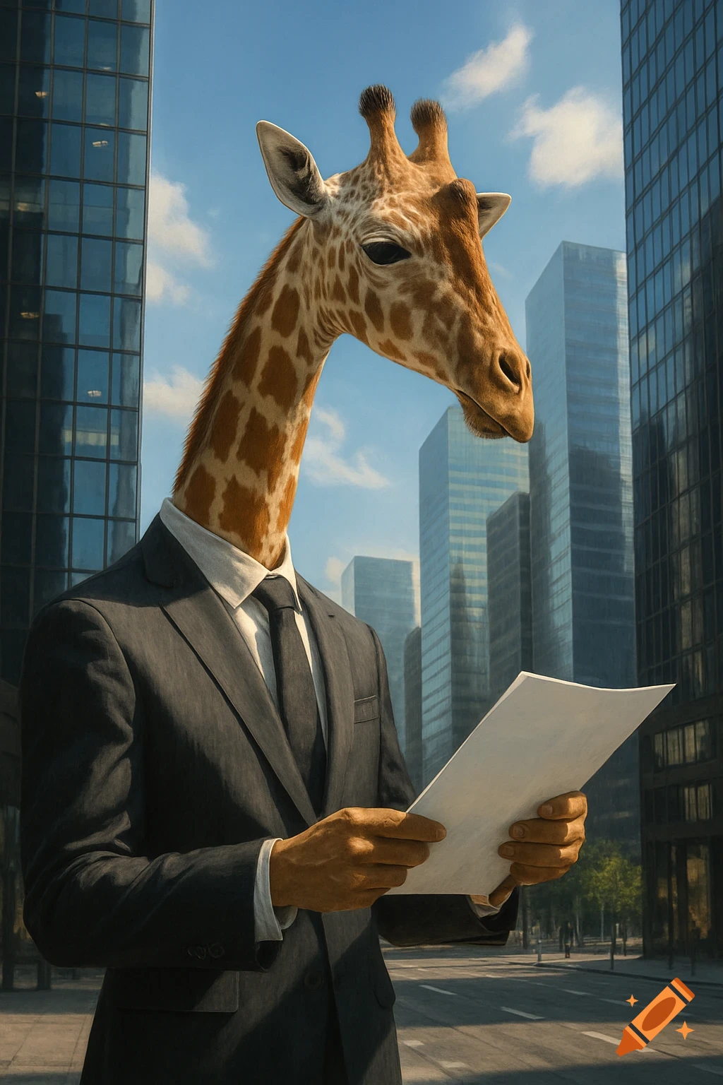 A photorealistic giraffe in a dark suit reads a report on a city street with skyscrapers.