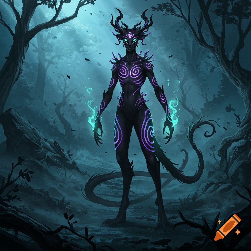A dark, horned monster with glowing purple spiral patterns and teal energy stands in a misty, moonlit forest.