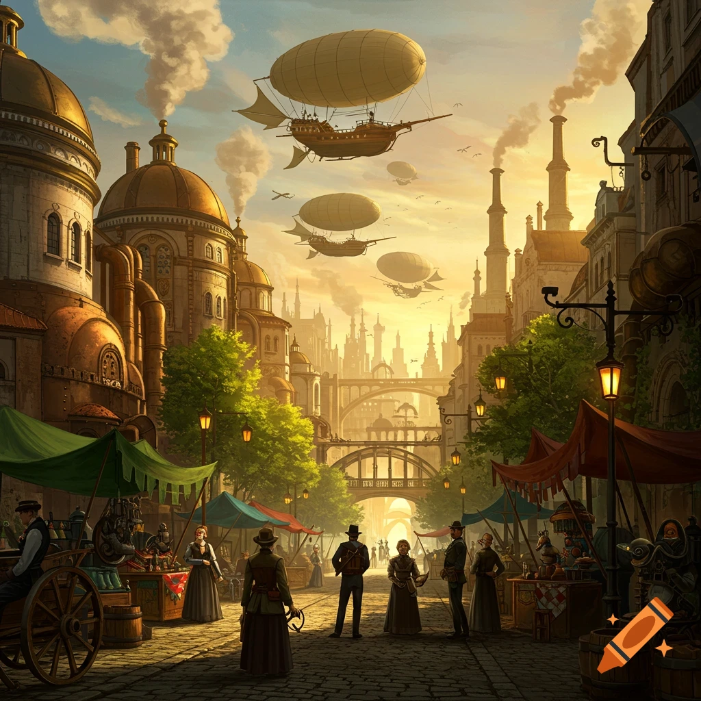 A bustling steampunk city street at sunset, with market stalls, people, and dirigibles flying over ornate buildings.