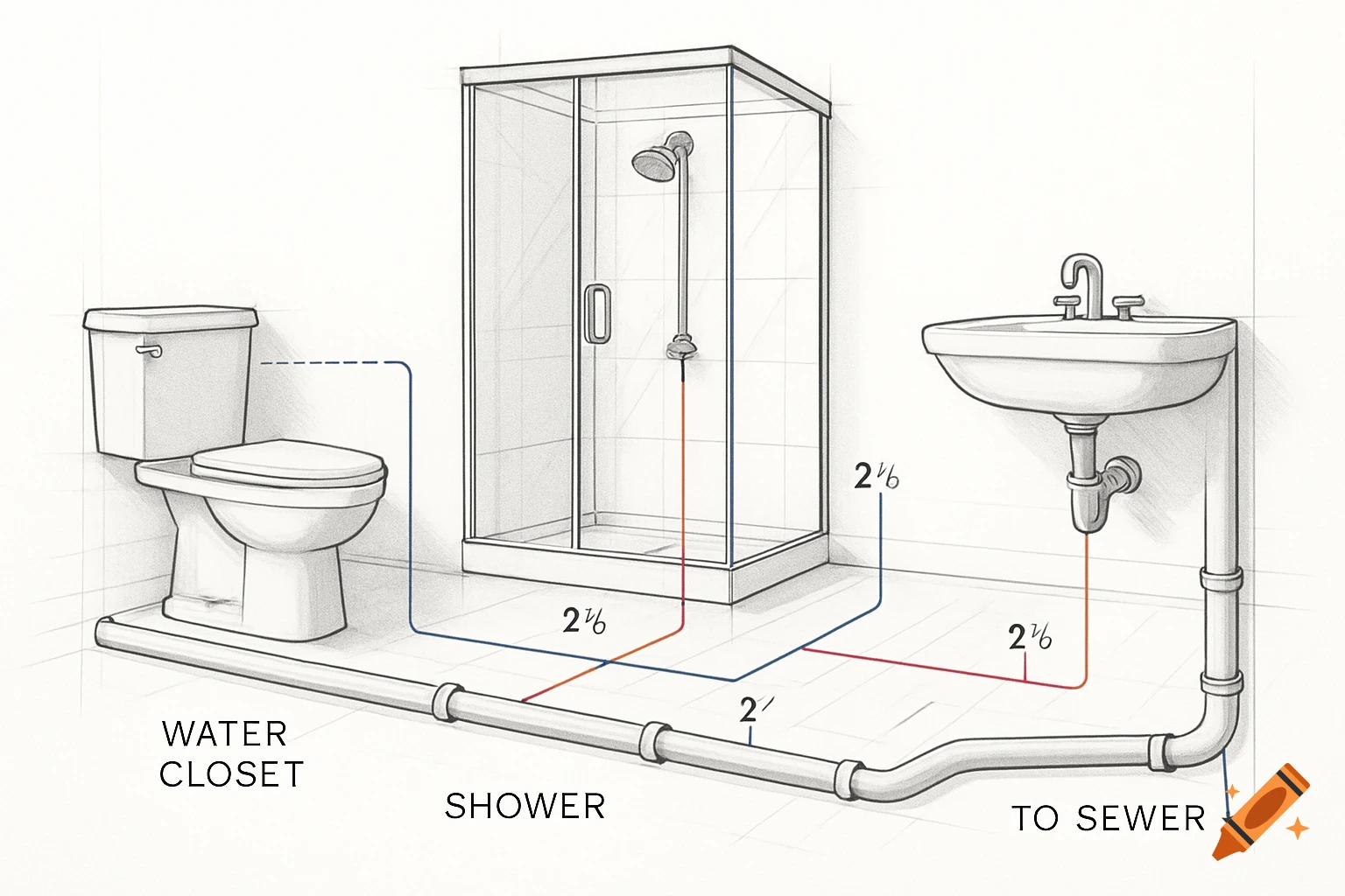 Sketch of a residential plumbing plan showing a toilet, shower, and sink with waste pipes and sizes leading to a sewer.