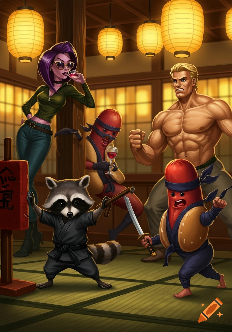 A ninja raccoon trains with a dummy in a dojo, while a blonde man spars with a ninja hotdog, and a woman in sunglasses drinks wine.