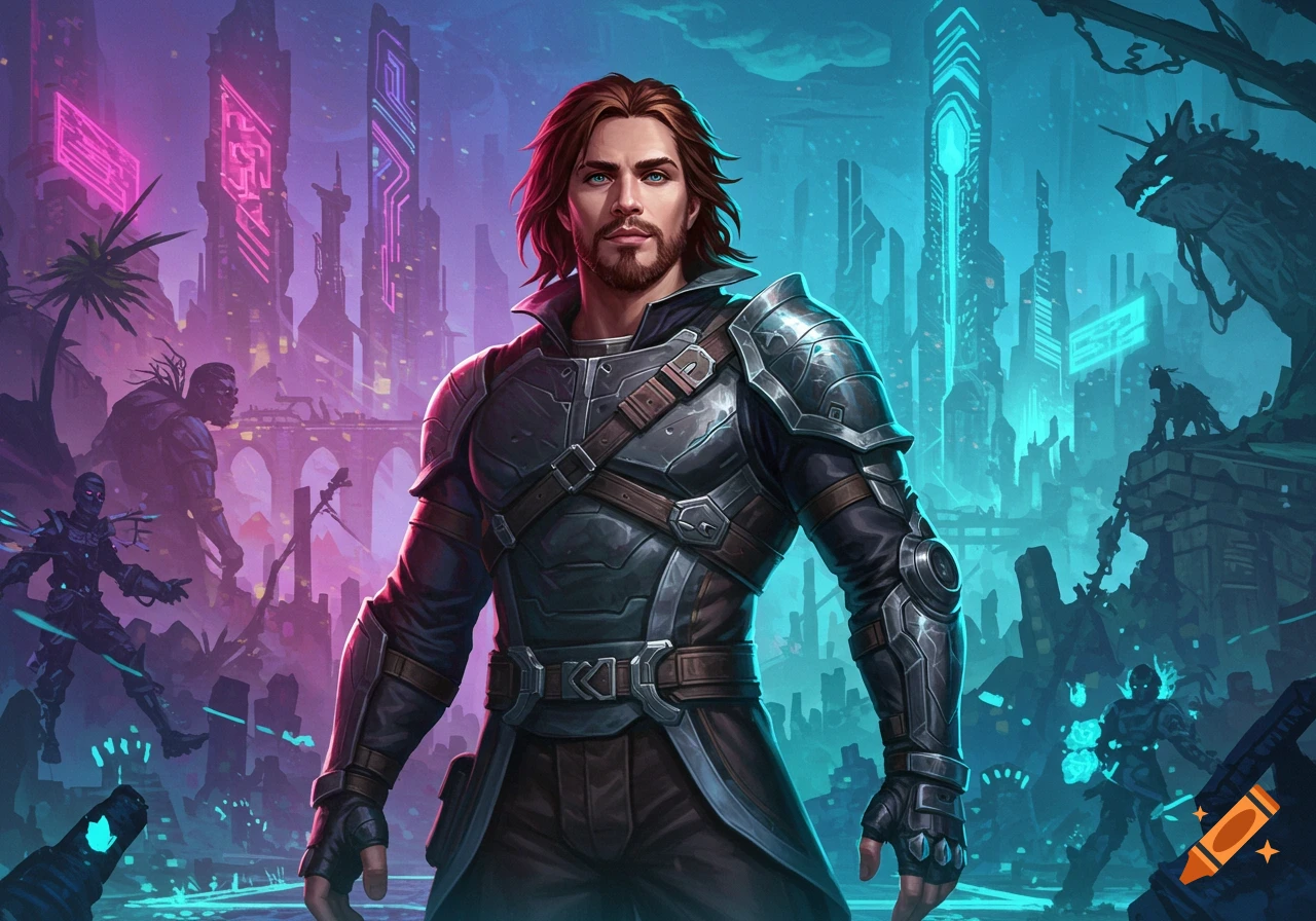 A warrior in futuristic armor stands in a neon-lit cyberpunk city with fantastical elements and other figures in the background, digital art.
