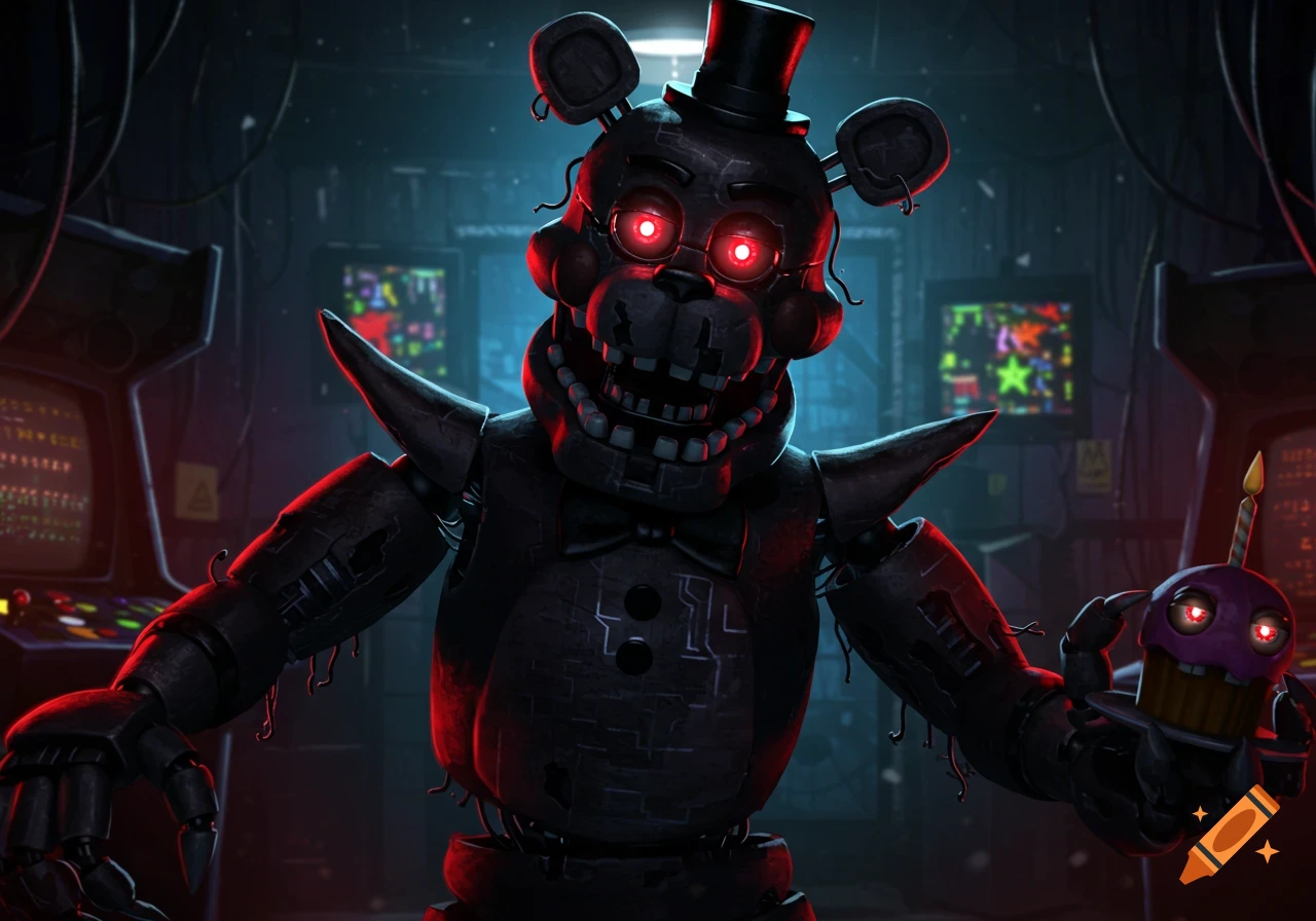 A dark, scary, black animatronic bear with glowing red eyes and a top hat stands in a dimly lit arcade, holding a cupcake with red eyes and a candle.