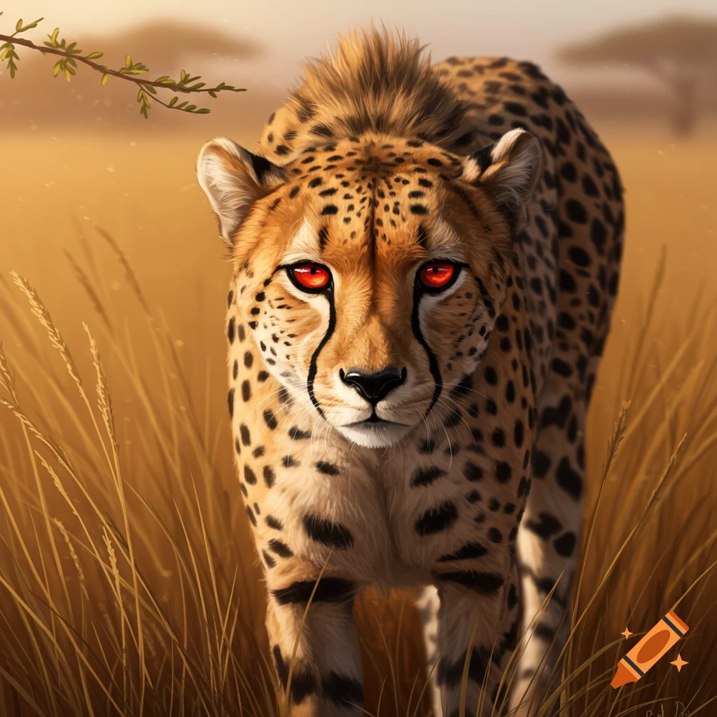 A cheetah with piercing red eyes walks through golden savanna grass at sunset.
