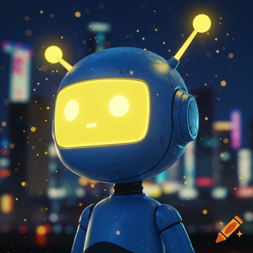 Cute blue robot with glowing yellow antennas and face stands against a blurred city night in a stylized 3D render.