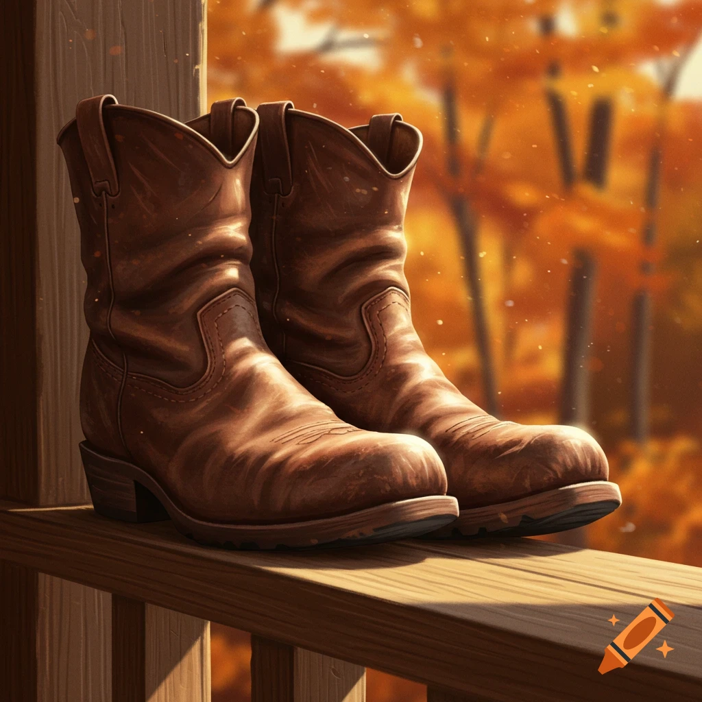 A pair of brown leather cowboy boots rests on a wooden railing, with a blurry autumn landscape of orange trees in the background.