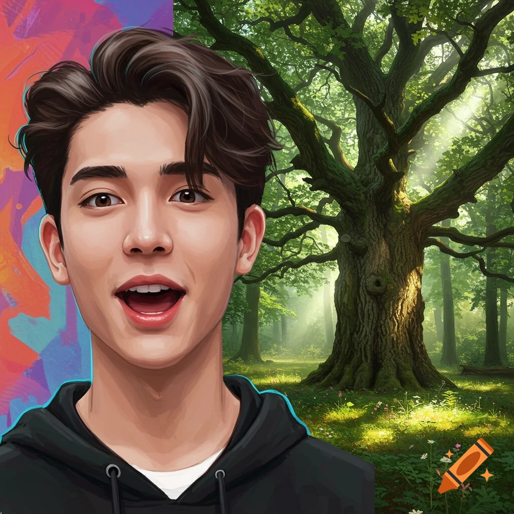 A split image featuring a stylized portrait of a young man on the left and a lush, sunlit forest with a large tree on the right.