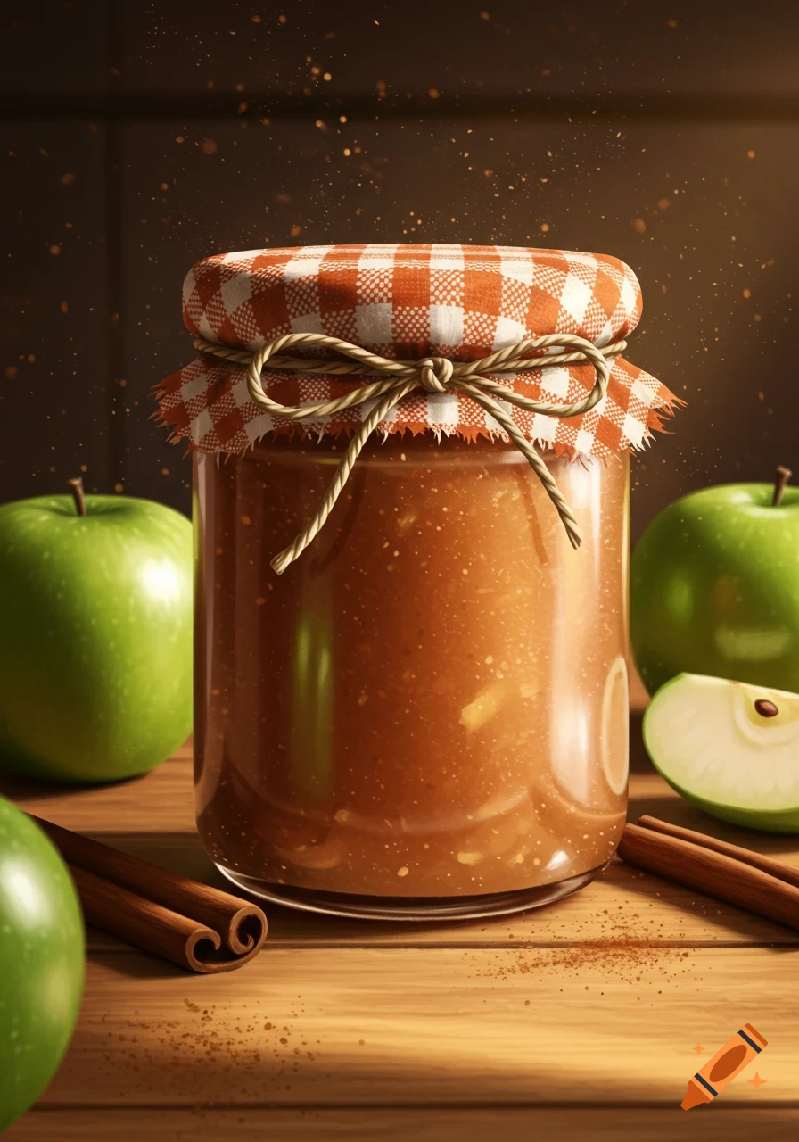 Photorealistic still life of a jar of apple butter surrounded by green apples and cinnamon sticks on a wooden table.