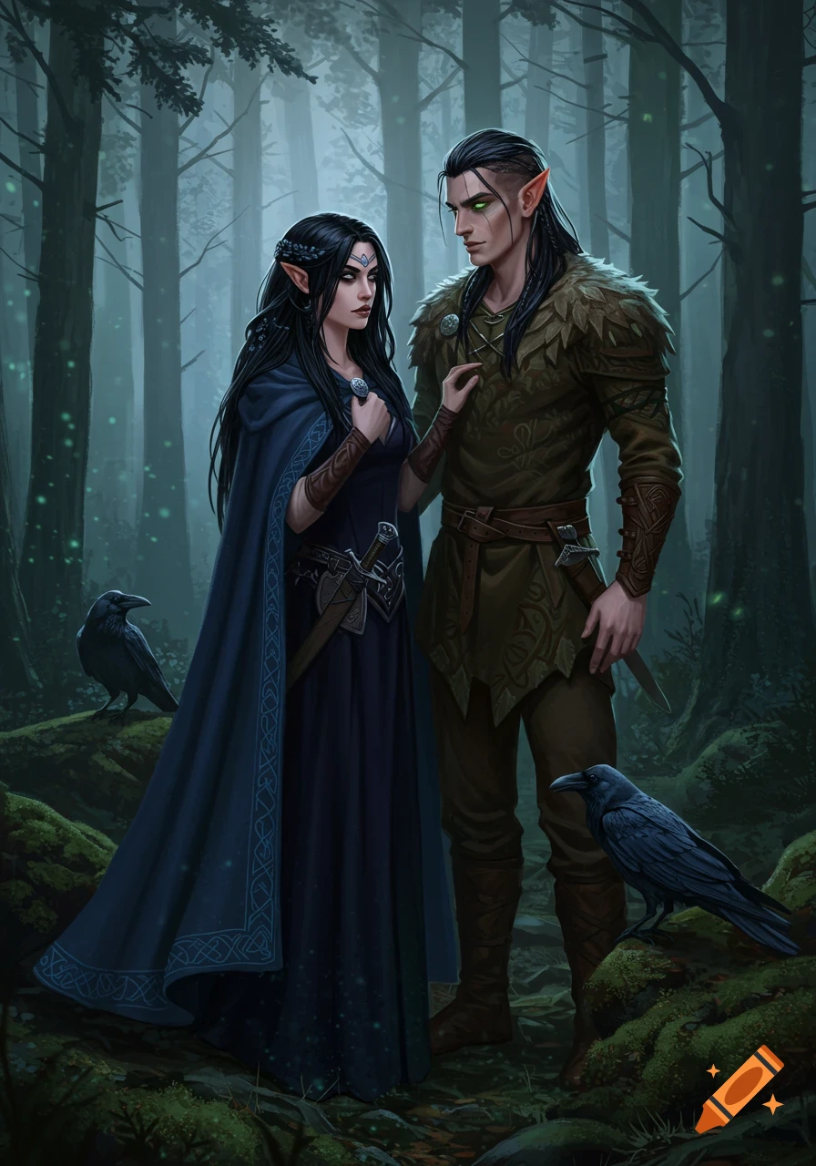 A dark-haired elf woman in a blue cloak and an elf man in fur-trimmed armor stand in a dark, mossy forest with two ravens.