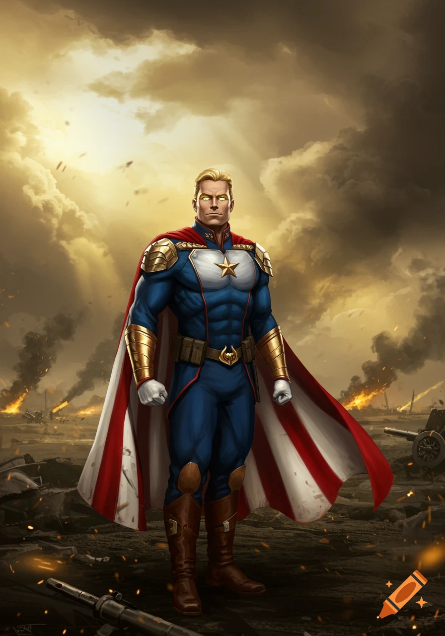 A muscular blonde superhero in a blue and red suit with gold armor stands in a war-torn battlefield with explosions and smoke, digital art.