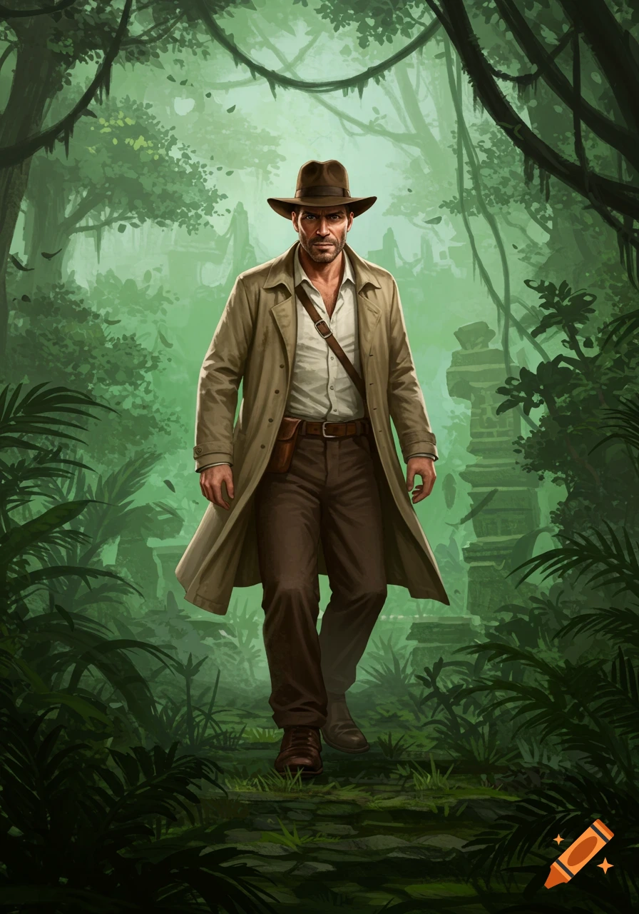 A male adventurer resembling Indiana Jones walks through a lush, misty jungle, with ancient ruins visible in the background.