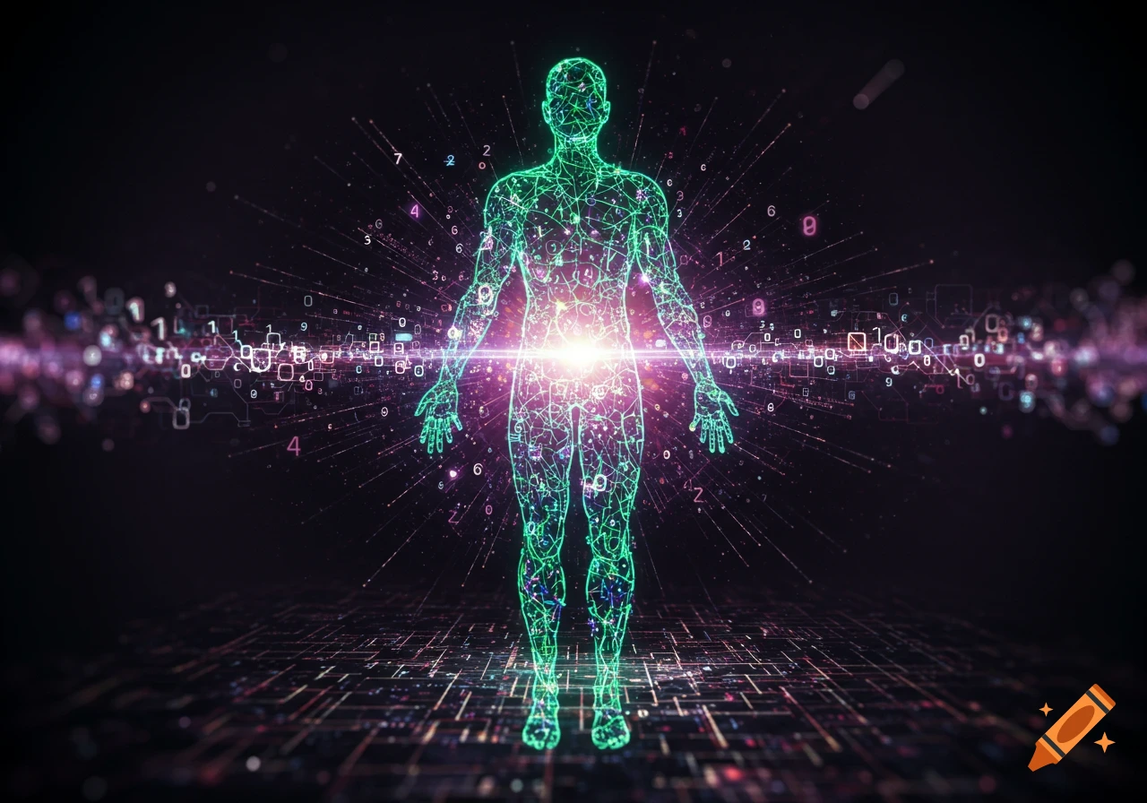 A glowing green outline of a human body, composed of lines and circuits, stands against a dark background with flowing digital numbers and light trails.