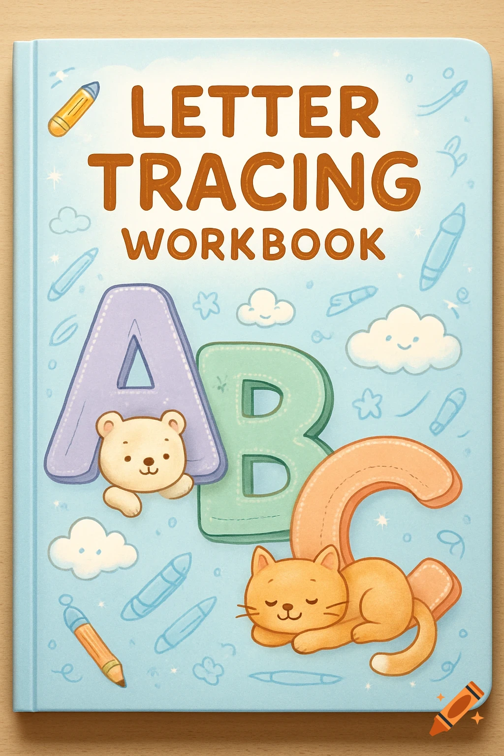 A colorful letter tracing workbook cover for children, featuring cartoon letters A, B, C, a bear, a cat, and crayons on a light blue background.