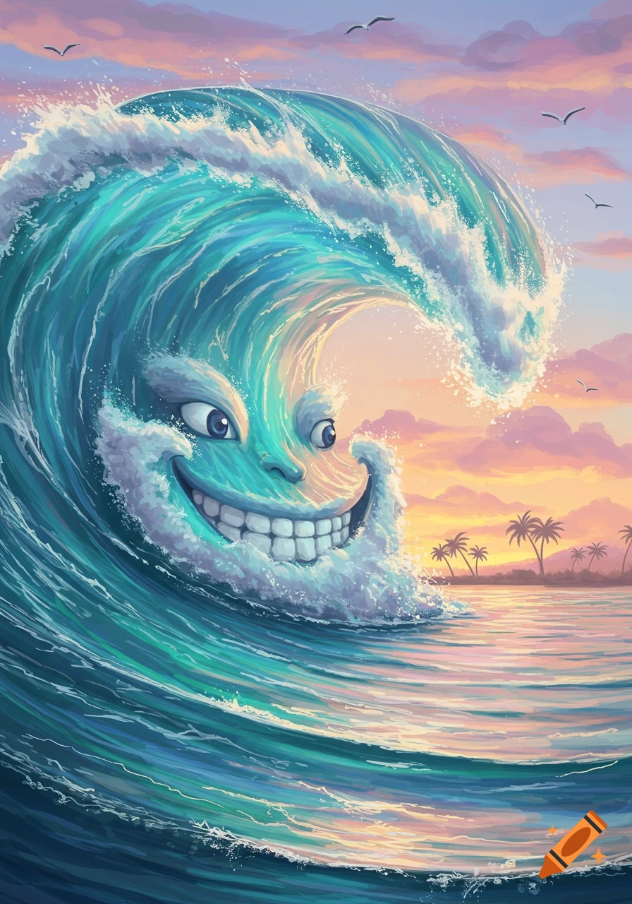 Colorful cartoon illustration of a giant ocean wave with a happy face, crashing at sunset over a beach with palm trees.