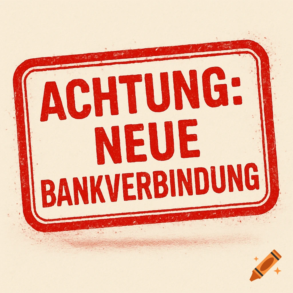 Red rectangular stamp with the German text 'Achtung: Neue Bankverbindung' in a distressed, grunge style.