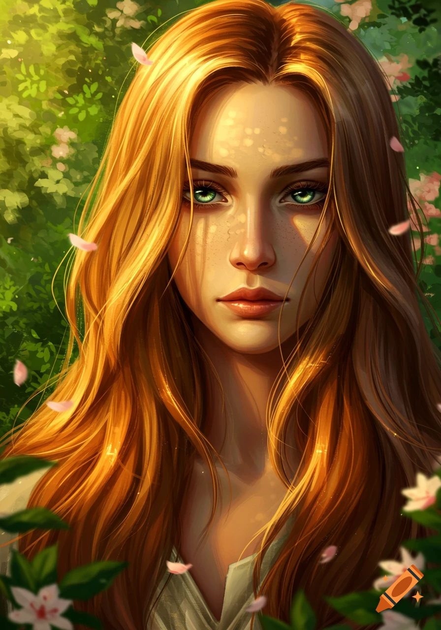 A close-up portrait of a woman with long, flowing reddish-blonde hair and piercing green eyes, against a soft green, leafy background.