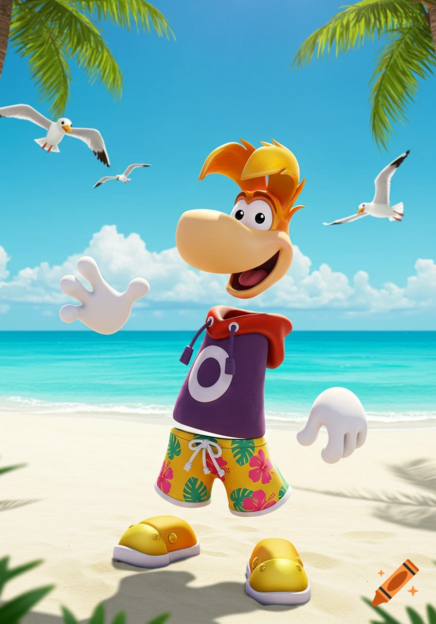 Rayman, a happy cartoon character, poses on a tropical beach with palm trees and seagulls.