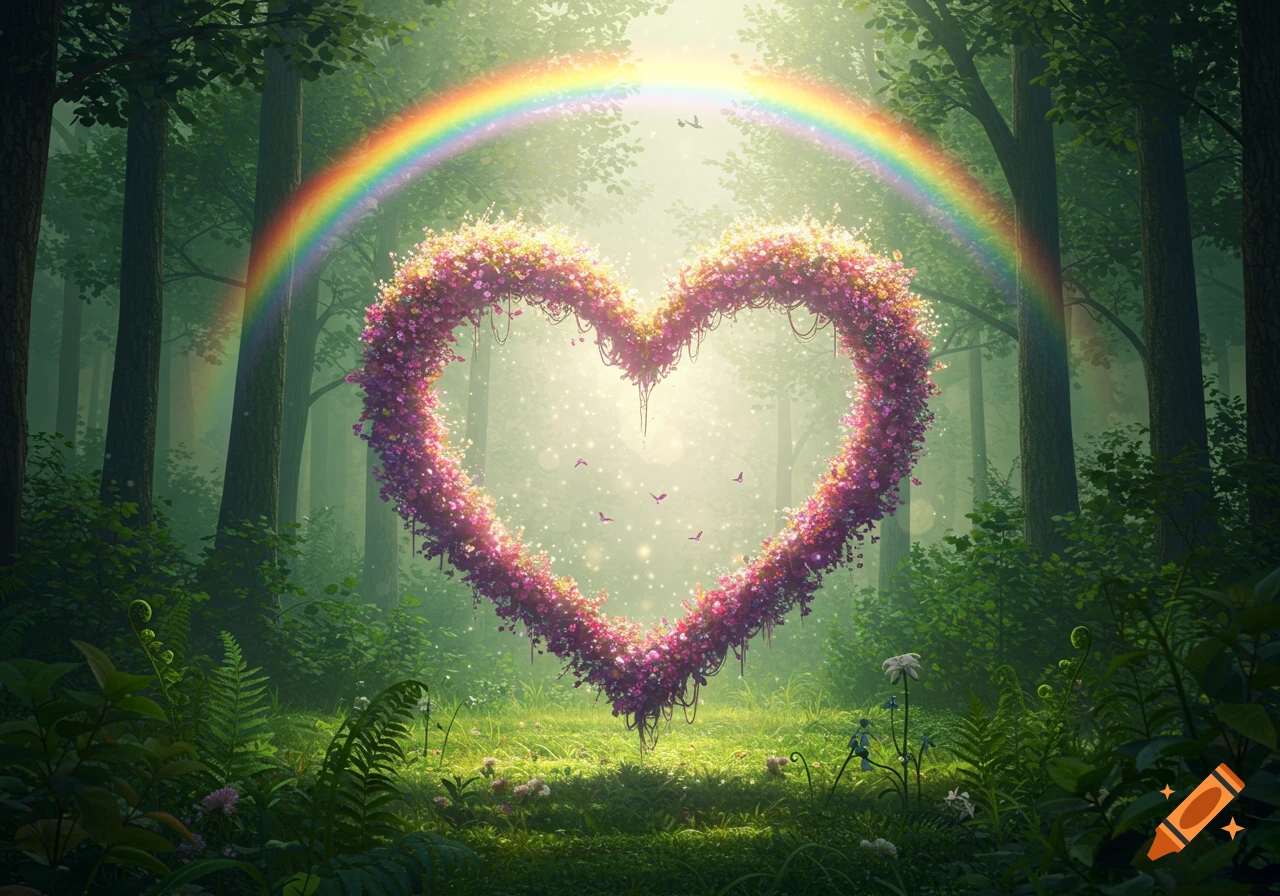 A vibrant heart made of pink and purple flowers floats in a sunlit, misty forest under a bright rainbow. Stylized illustration.