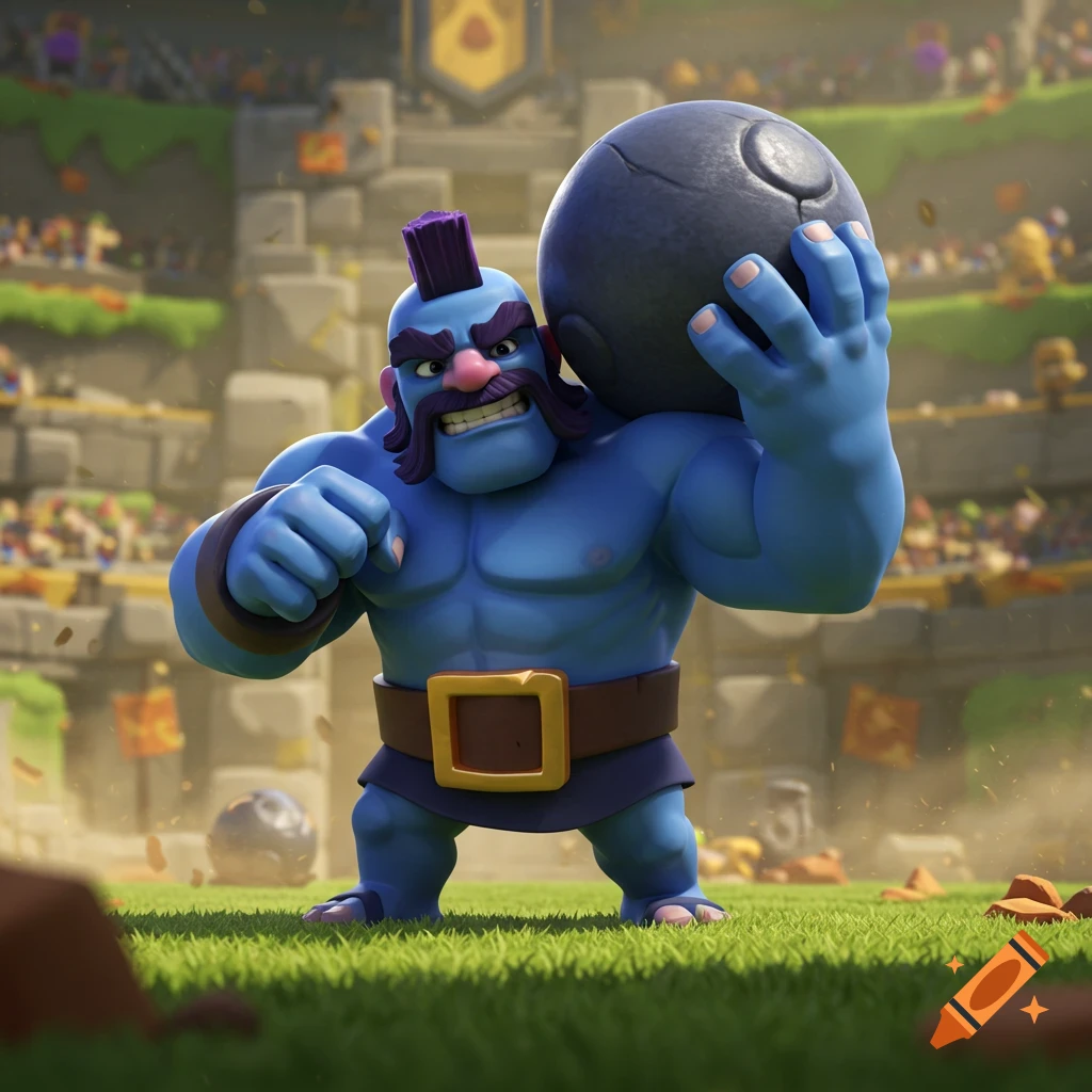 A muscular blue cartoon character with a purple mohawk and mustache, holding a dark boulder over its shoulder in a grassy arena.