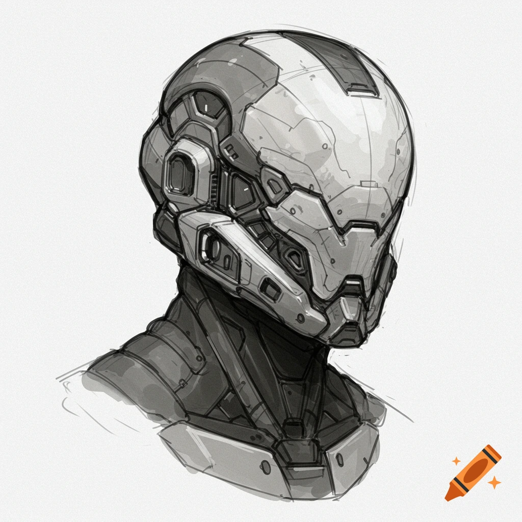 A gray and white sketch of a futuristic sci-fi helmet and armored shoulders in a rough concept art style.