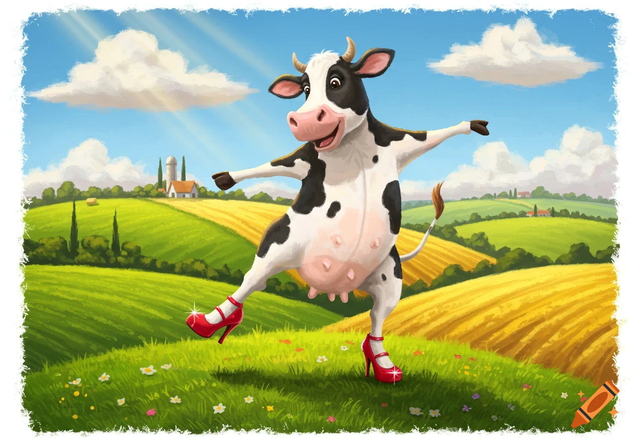 A happy black and white cartoon cow with red high heels dances in a vibrant green and yellow field under a blue sky.