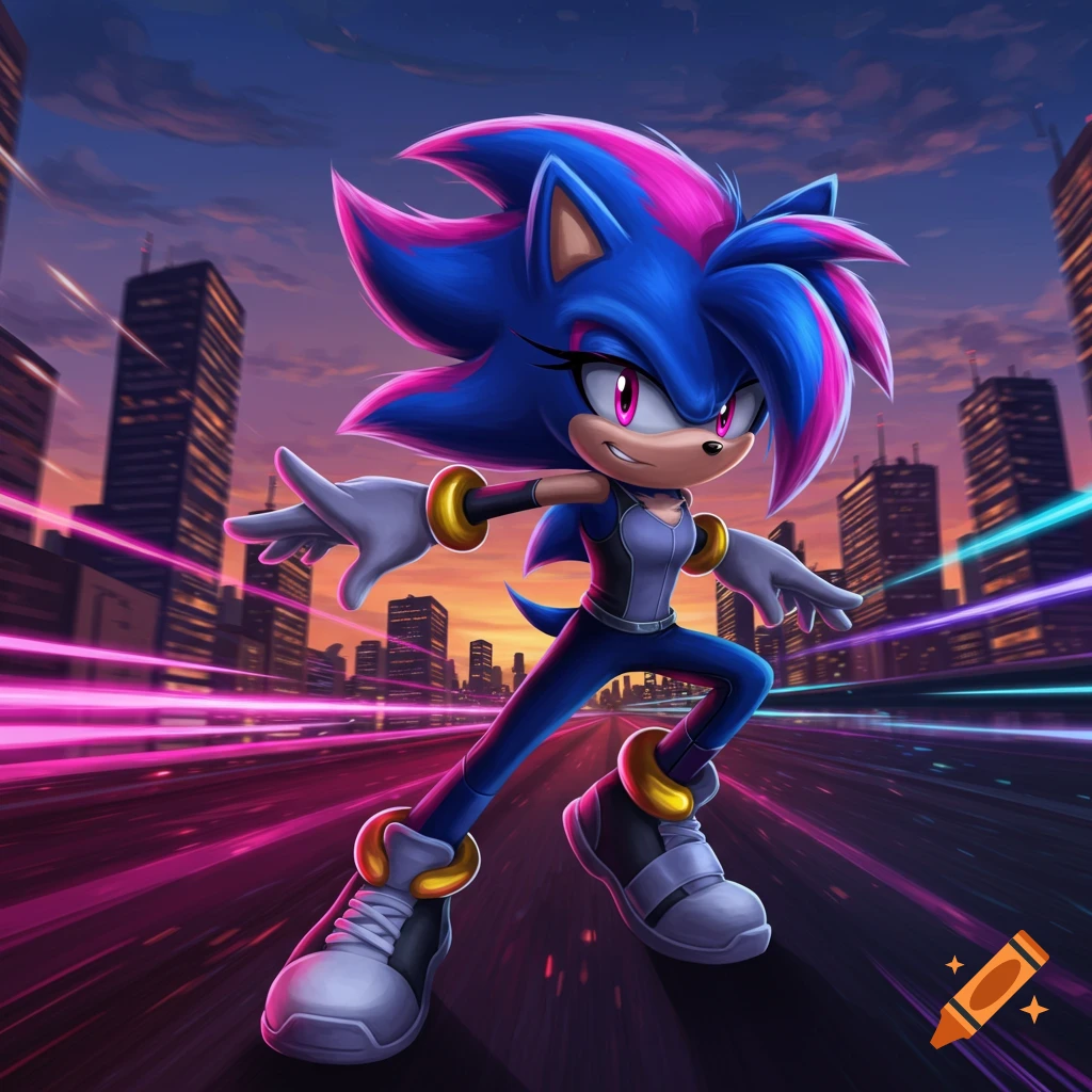 A blue and pink female hedgehog character, resembling Sonic, runs through a futuristic city at sunset, with speed lines.