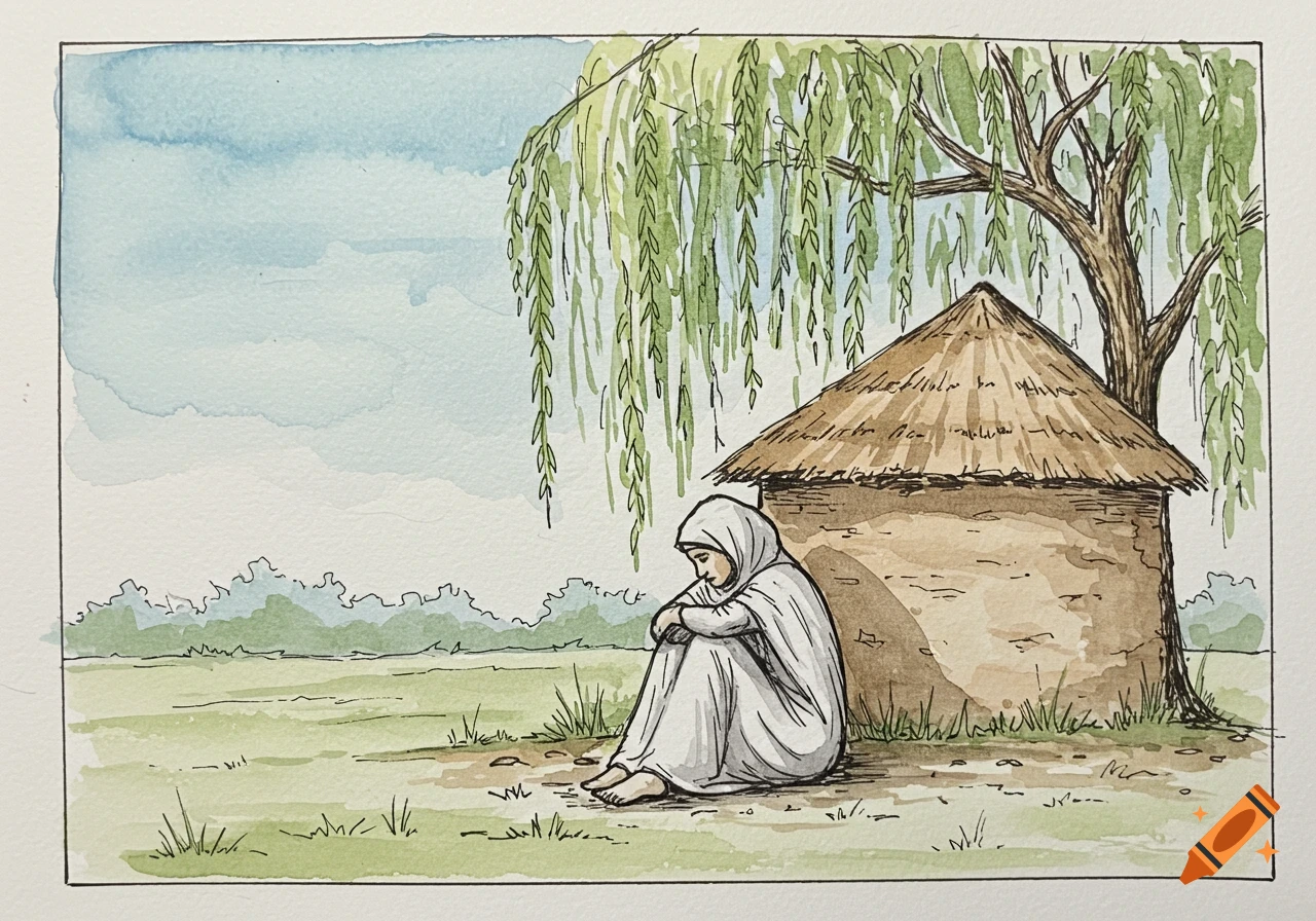 A hand-drawn watercolor sketch of a Muslim woman in modest dress sitting sorrowfully by a clay hut under a weeping willow tree.