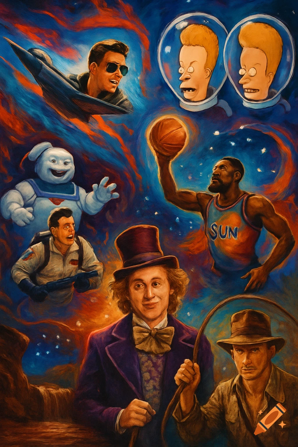 A vibrant digital painting featuring a collage of movie and TV characters, including Maverick, Beavis and Butt-Head, Stay Puft Marshmallow Man, a Ghostbuster, a basketball player with 'SUN' on his jersey, Willy Wonka, and Indiana Jones, against a cosmic, swirling background of blue and orange.