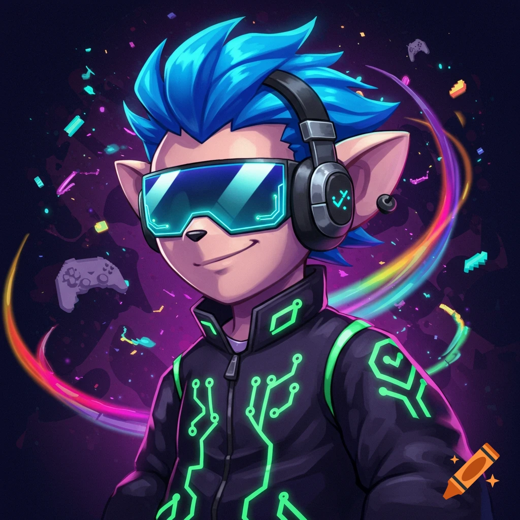A cartoon character with blue hair, VR goggles, and headphones wears a circuit jacket against a vibrant gaming background with controllers.