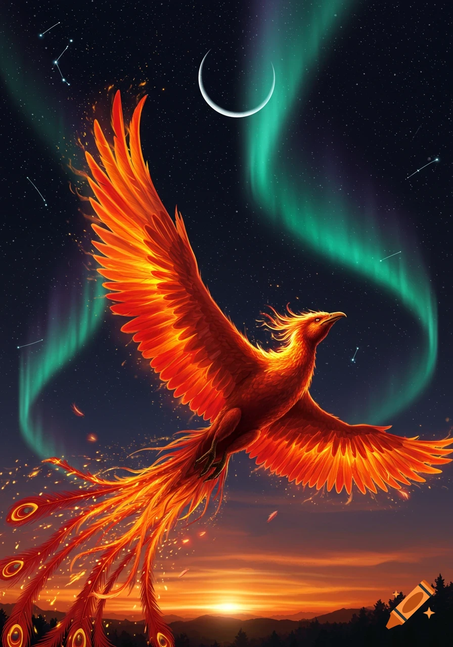 A vibrant fiery phoenix with spread wings flies against a starry night sky with a crescent moon and aurora borealis, above a sunset landscape.