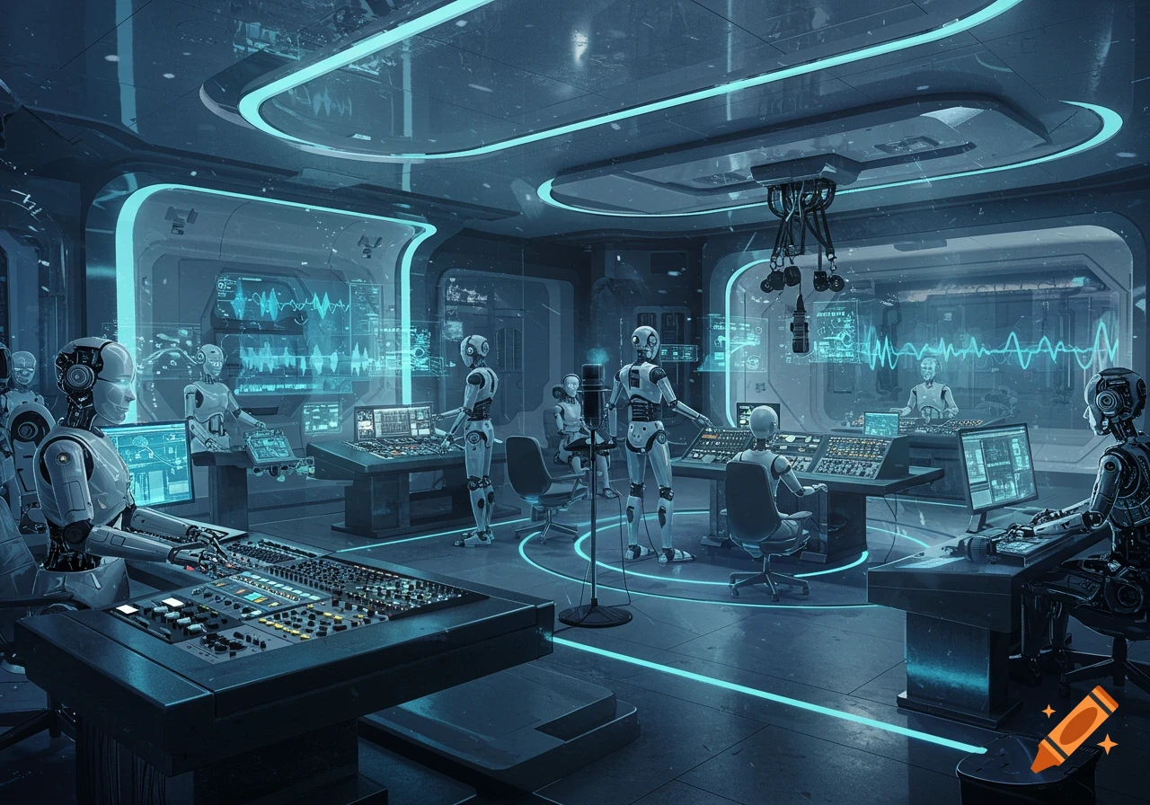 Futuristic recording studio with multiple white robots working at mixing consoles and computers, bathed in blue neon light.