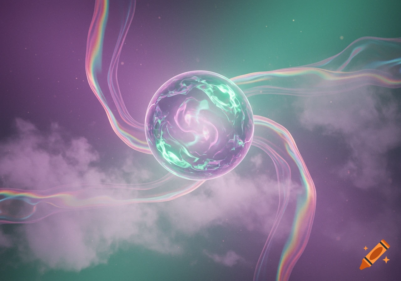 A glowing, iridescent orb surrounded by flowing colorful ribbons and ethereal clouds against a purple and green gradient background.