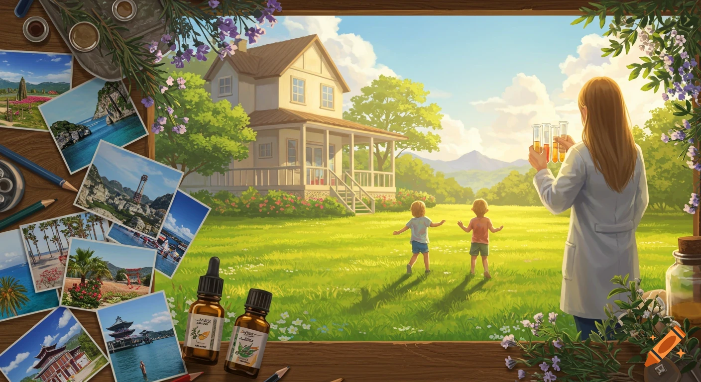 An illustration of a woman in a lab coat holding test tubes looking at children playing in a sunny garden with a house, framed by a table with travel photos and essential oil bottles.