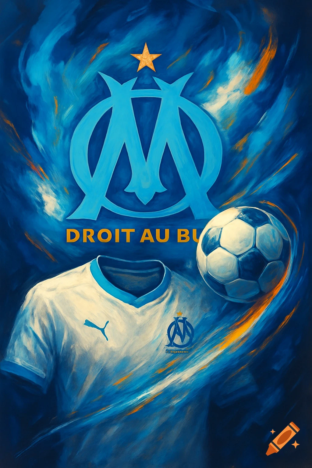 Olympique de Marseille football shirt, ball, and club logo on a blue and orange painterly background with the motto "DROIT AU BU".