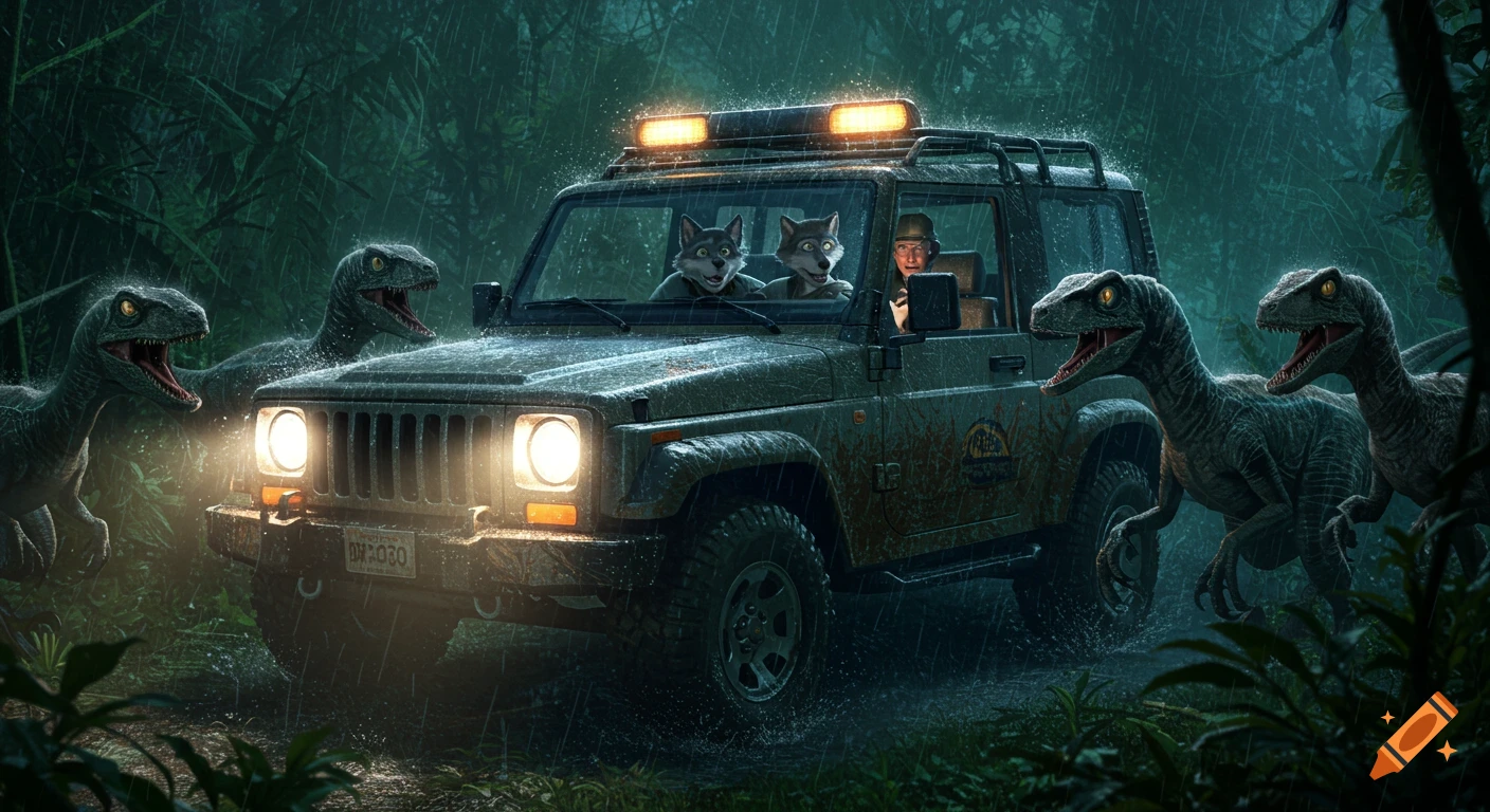 Mr. Wolf and Diane Foxington in a Jeep in heavy rain, surrounded by velociraptors in a jungle. Dramatic cinematic style.