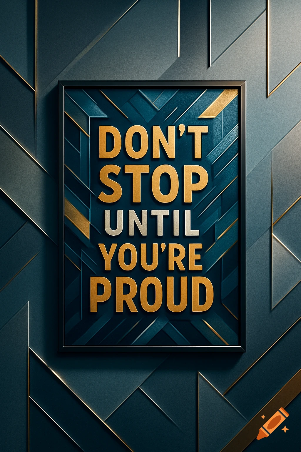A framed motivational poster with the gold text 'DON'T STOP UNTIL YOU'RE PROUD' on a dark blue geometric background.
