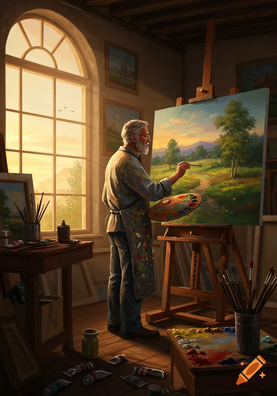 An old male artist with a beard and glasses paints a landscape on an easel in a sunlit art studio with an arched window.
