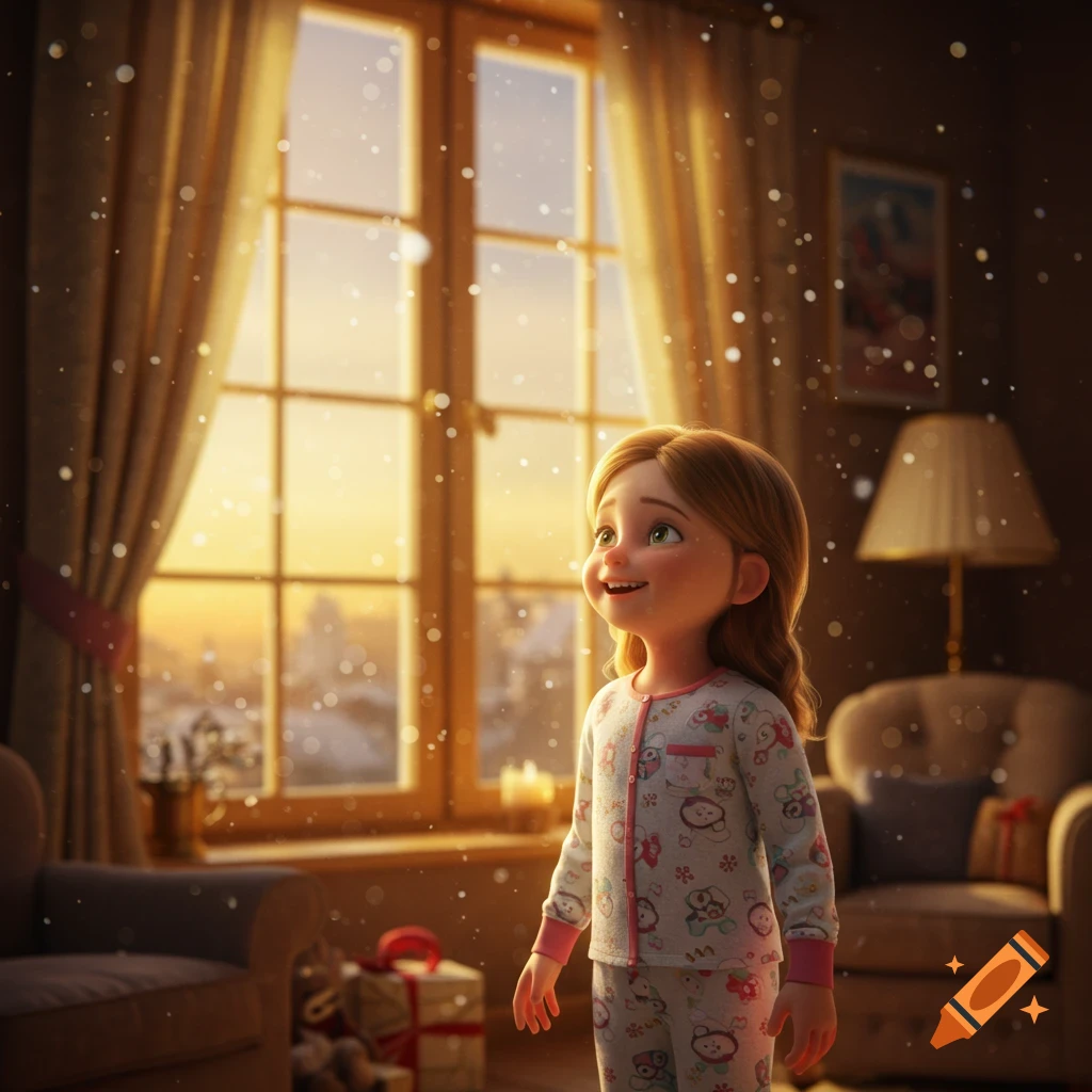 A smiling 3D Disney-style little girl in pajamas stands by a sunlit window, gazing happily at falling snow.