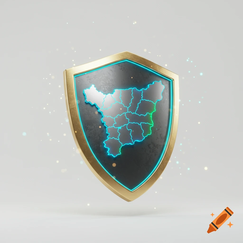 Futuristic gold and silver shield with a glowing neon map of Occitania and sparkling particles on a white background.