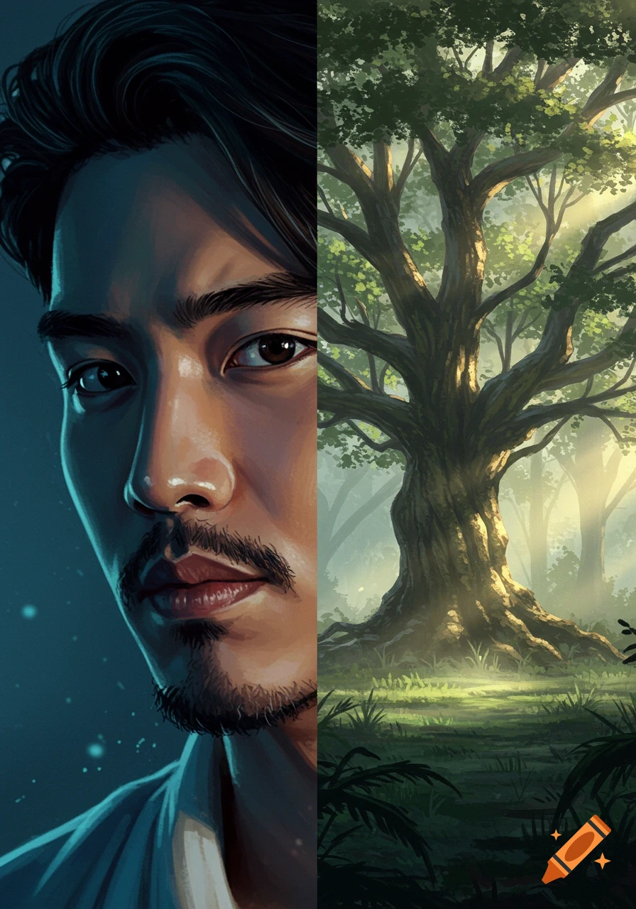 Split digital painting featuring a man's face on the left and a sunlit forest with a large tree on the right.